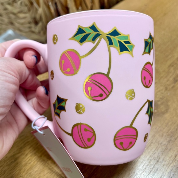 Pink Christmas Jingle Bell Cherries w/Metallic Gold Pink Soft Touch Mug NWT - Picture 2 of 2